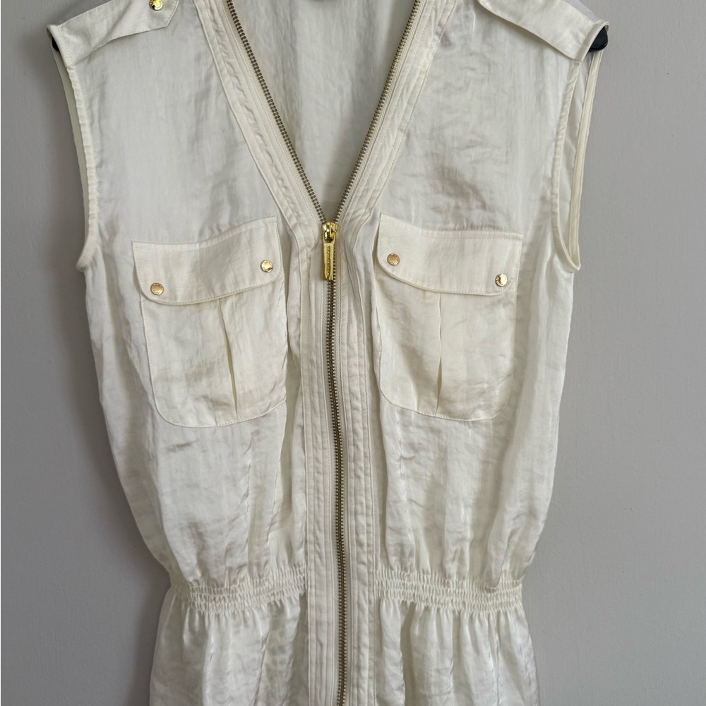 Michael Kors Cream Sleeveless  Silk Banded Blouse with Utility Design